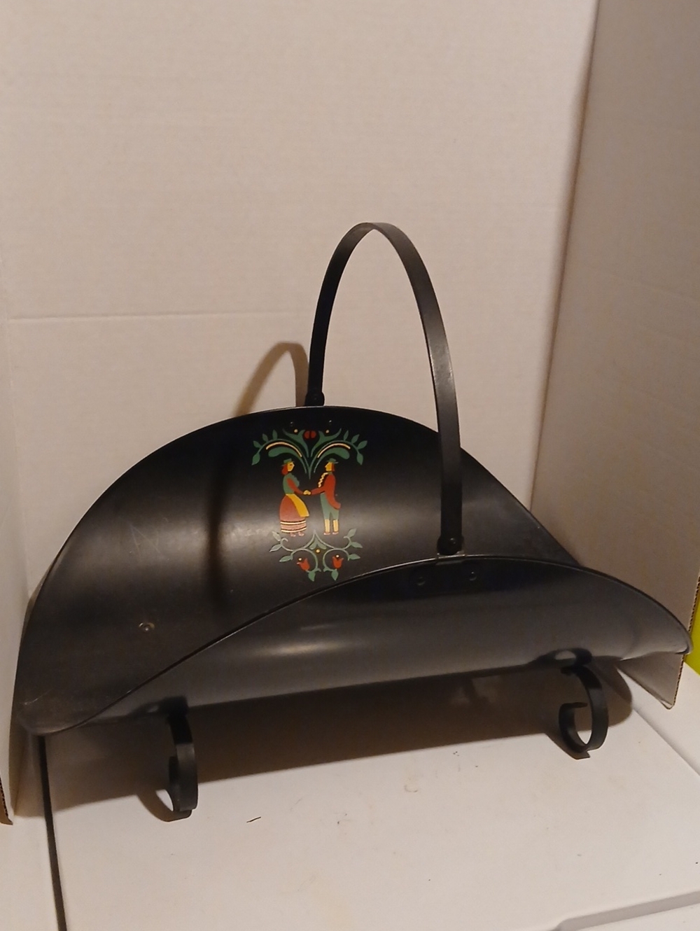 Vintage Black Hand-Painted Tote with Folk Fireplace Log Holder